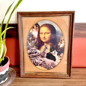 Mona Lisa & Her Cats Vintage Wood Framed Wall Art Silly Canvas Print Kitty Cat